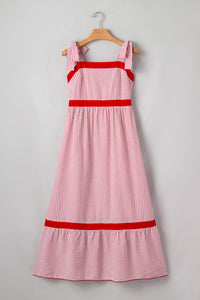 KaleaBoutique Stylish Bow Knot Straps Contrast Trim High Waist Ruffle Hem Maxi Dress - KaleaBoutique.com