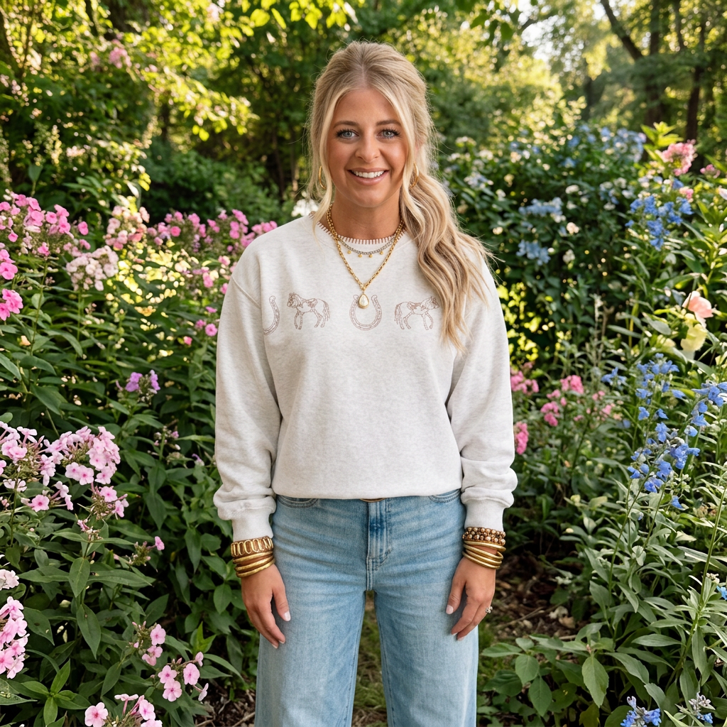 Women's Horse and Horseshoe Embroidered Crewneck Sweater