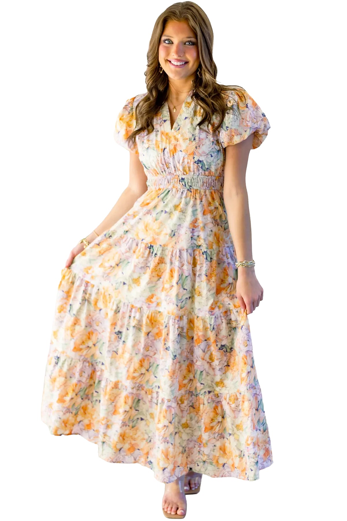 KaleaBoutique Comfortable Floral Bubble Sleeve V Neck Flared Maxi Dress - KaleaBoutique.com
