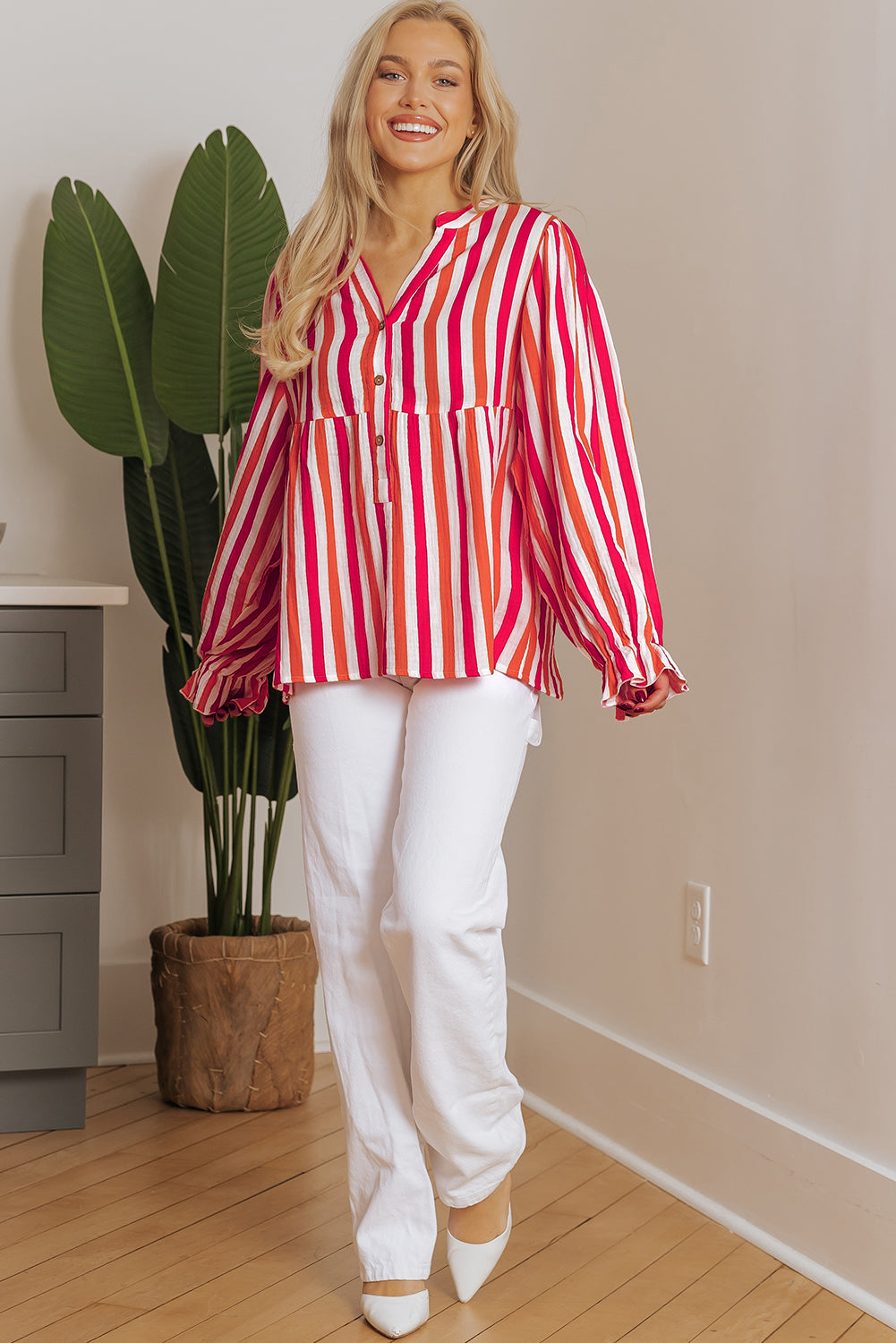 KaleaBoutique Stylish Balloon Sleeve Notched V Neck Buttoned Front Blouse - KaleaBoutique.com