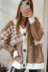 KaleaBoutique Classic Houndstooth Color Block V Neck Raw Edge Button Front Cardigan - KaleaBoutique.com