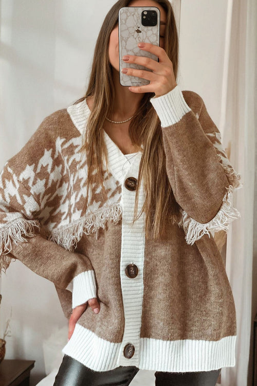 KaleaBoutique Classic Houndstooth Color Block V Neck Raw Edge Button Front Cardigan - KaleaBoutique.com
