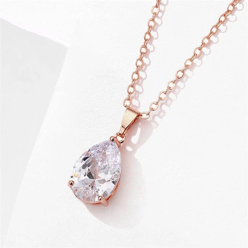 Clear Crystal Solitaire CZ Pendant Necklace, Wedding Bridal or Bridesmaid Teardrop Fashion Diamond Necklace, Gold Plated Chain Necklace - KaleaBoutique.com