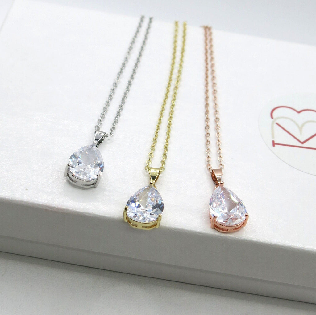 Clear Crystal Solitaire CZ Pendant Necklace, Wedding Bridal or Bridesmaid Teardrop Fashion Diamond Necklace, Gold Plated Chain Necklace - KaleaBoutique.com