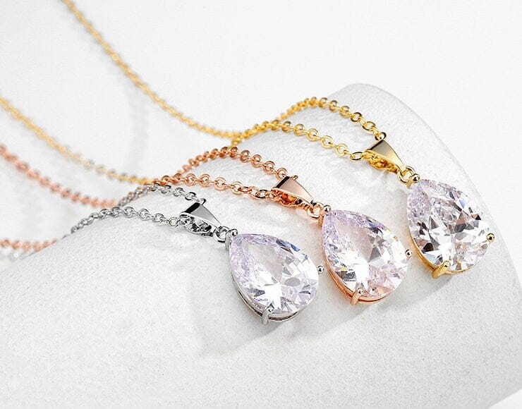 Clear Crystal Solitaire CZ Pendant Necklace, Wedding Bridal or Bridesmaid Teardrop Fashion Diamond Necklace, Gold Plated Chain Necklace - KaleaBoutique.com