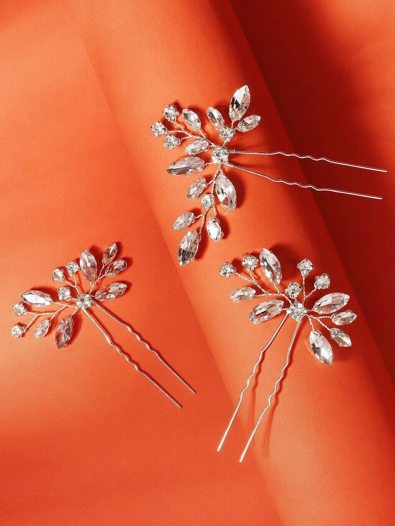 Clear Rhinestone Crystal 3 PC Hairpin Set, Bridal Wire Hair Pins, Wedding Crystal Hairpiece Set - KaleaBoutique.com