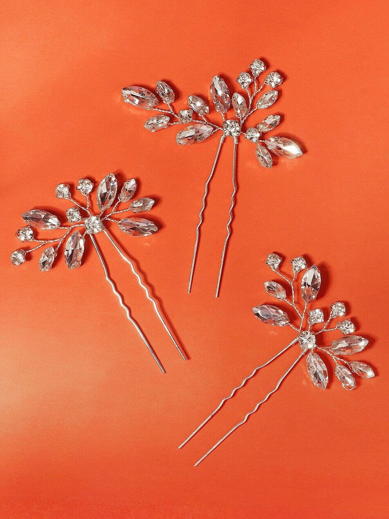 Clear Rhinestone Crystal 3 PC Hairpin Set, Bridal Wire Hair Pins, Wedding Crystal Hairpiece Set - KaleaBoutique.com