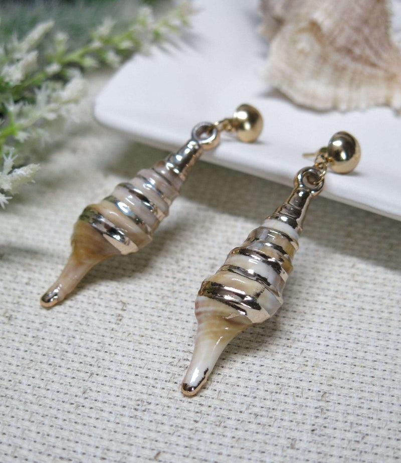 Conch Seashell Studs, Boho Tropical Beach Earrings, Mermaid Style Earrings, Bridal Epoxy Seashell Gold Tone Earring Studs - KaleaBoutique.com