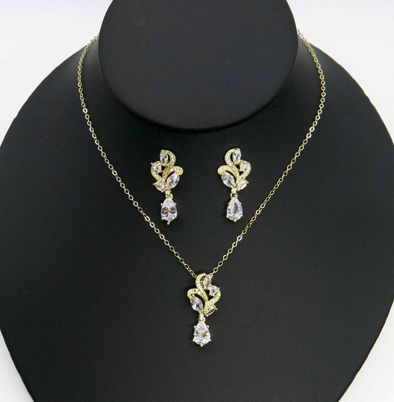 Crystal Bridal Pendant Necklace or Ear Studs, Wedding CZ Diamond Pendant, 14K Gold Plated Bridesmaid Jewelry - KaleaBoutique.com