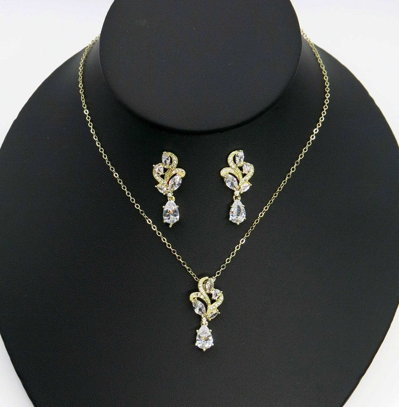 Crystal Bridal Necklace, Wedding CZ Diamond Pendant, Hypoallergenic Bridesmaid Jewelry, 14K Gold Plated Simple Chain Necklace or Earrings - KaleaBoutique.com