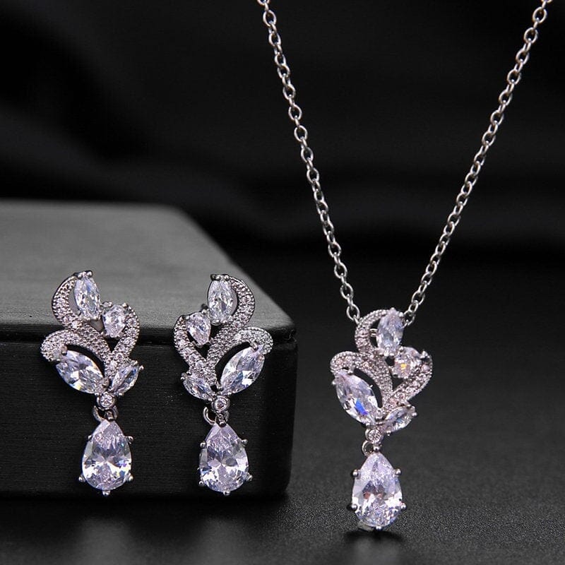 Crystal Bridal Pendant Necklace or Ear Studs, Wedding CZ Diamond Pendant, 14K Gold Plated Bridesmaid Jewelry - KaleaBoutique.com