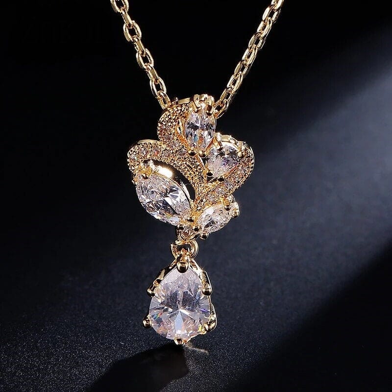 Crystal Bridal Pendant Necklace or Ear Studs, Wedding CZ Diamond Pendant, 14K Gold Plated Bridesmaid Jewelry - KaleaBoutique.com