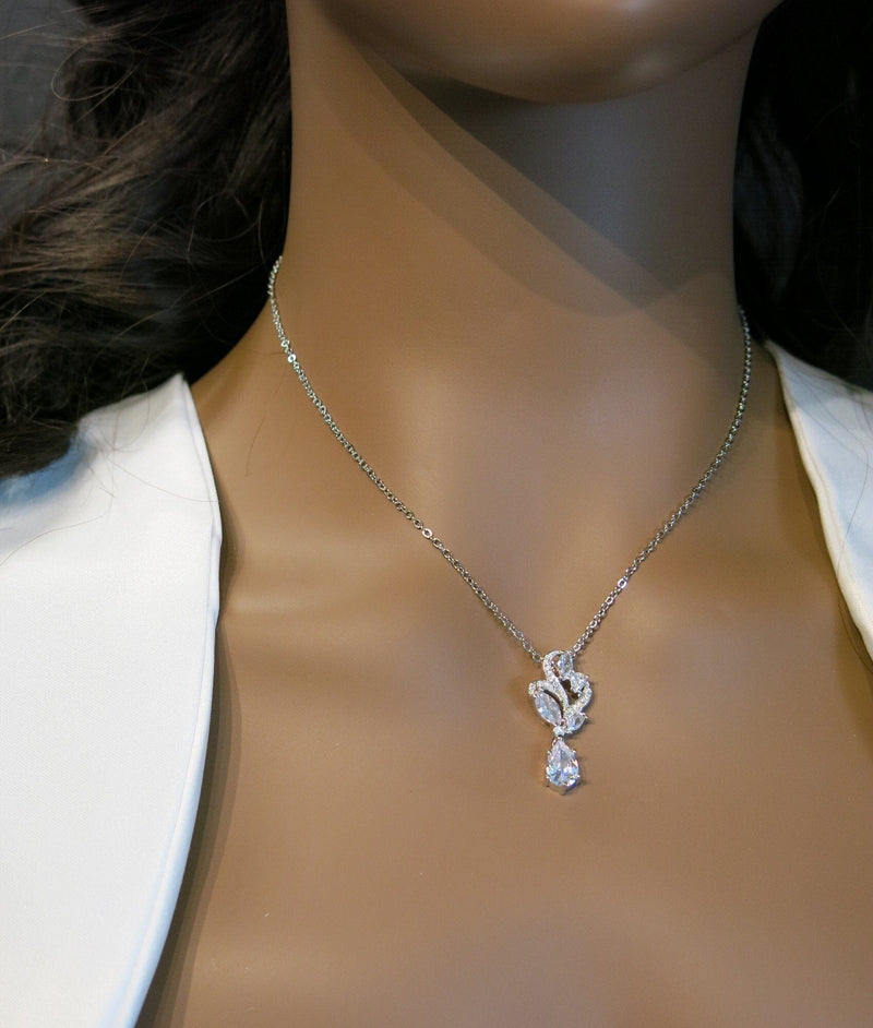 Crystal Bridal Necklace, Wedding CZ Diamond Pendant, Hypoallergenic Bridesmaid Jewelry, 14K Gold Plated Simple Chain Necklace or Earrings - KaleaBoutique.com