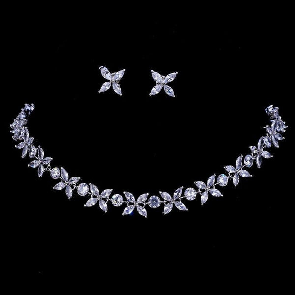 Crystal CZ Bridal Necklace and Earring 3 PC Set, Clear Diamond Gem Choker Necklace, Wedding Crystal Jewelry Set for Bride - KaleaBoutique.com
