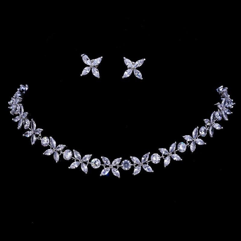 Crystal CZ Bridal Necklace and Earring 3 PC Set, Clear Diamond Gem Choker Necklace, Wedding Crystal Jewelry Set for Bride - KaleaBoutique.com