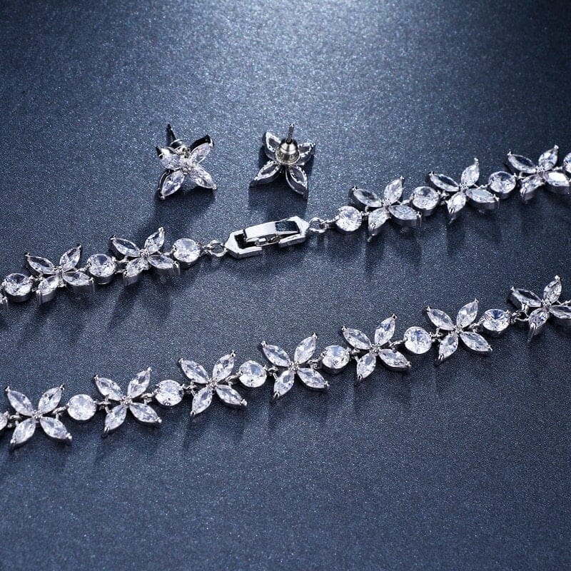 Crystal CZ Bridal Necklace and Earring 3 PC Set, Clear Diamond Gem Choker Necklace, Wedding Crystal Jewelry Set for Bride - KaleaBoutique.com