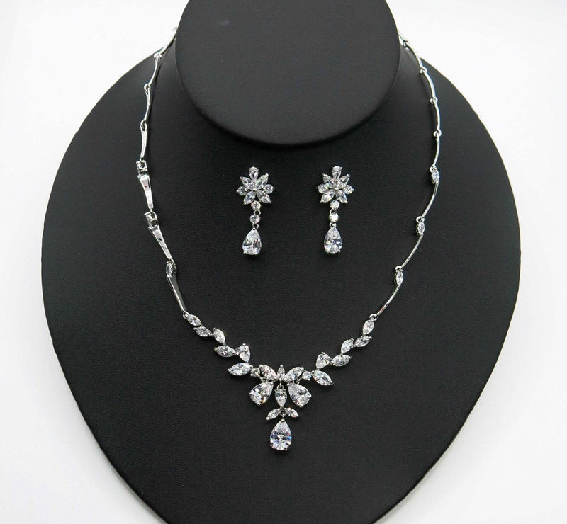 Crystal CZ Floral Bridal Necklace and Earring 3 PC Set, Wedding Platinum Plated Link Jewelry Set - KaleaBoutique.com