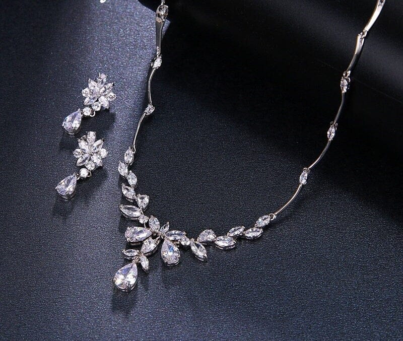 Crystal CZ Floral Bridal Necklace and Earring 3 PC Set, Wedding Platinum Plated Link Jewelry Set - KaleaBoutique.com