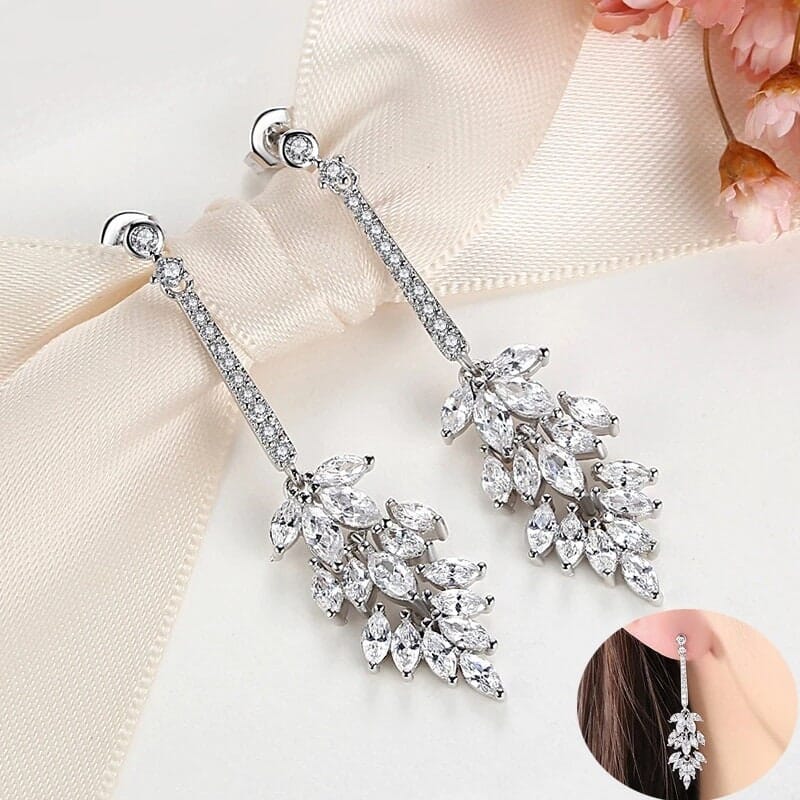 Crystal Cluster Dangle Earrings, Bridal 14K White Gold Plated Stud Earrings, Wedding Crystal Earrings - KaleaBoutique.com
