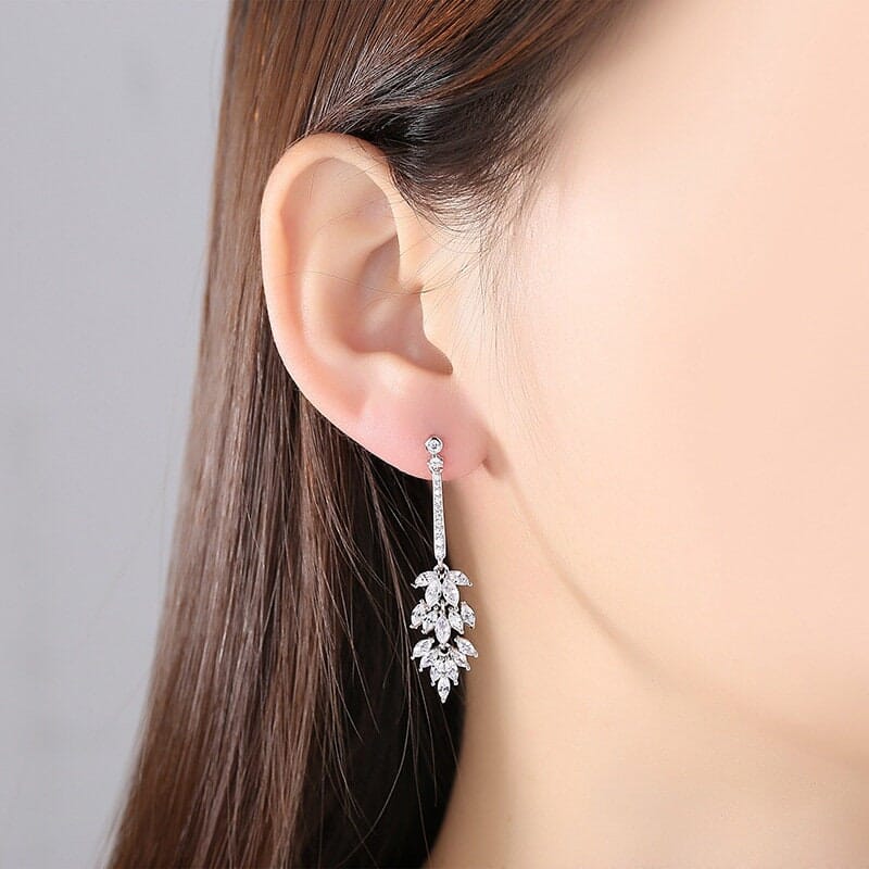 Crystal Cluster Dangle Earrings, Bridal 14K White Gold Plated Stud Earrings, Wedding Crystal Earrings - KaleaBoutique.com