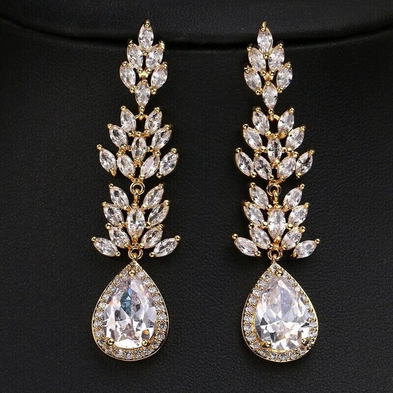 Crystal CZ Diamond Chandelier Earrings, Bridal Crystal Dangle Earrings or Chain Necklace, 14K Gold Plated Crystal Jewelry - KaleaBoutique.com