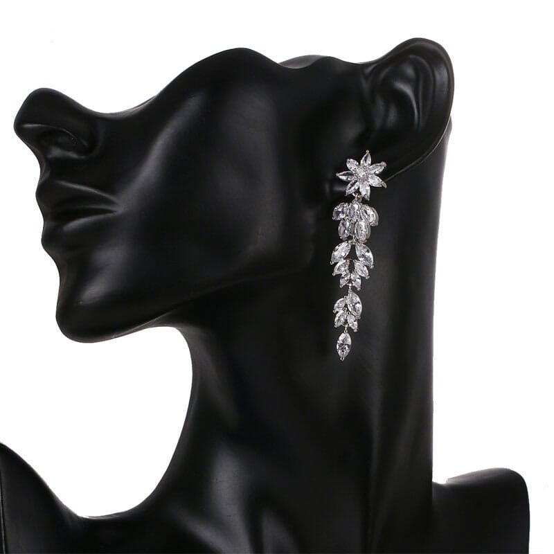 Crystal Flower Dangle Earrings, Wedding Diamond Long Tassel Ear Studs, Bridal Floral Crystal Earrings, Bridesmaid 14K Gold Copper Earrings - KaleaBoutique.com