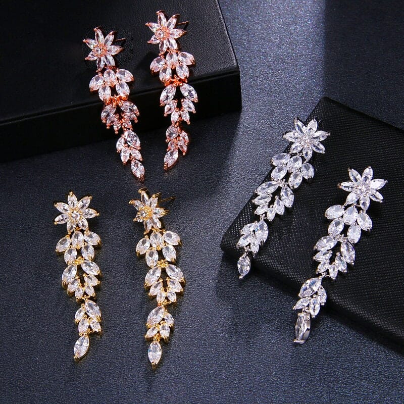 Crystal Flower Dangle Earrings, Wedding Diamond Long Tassel Ear Studs, Bridal Floral Crystal Earrings, Bridesmaid 14K Gold Copper Earrings - KaleaBoutique.com