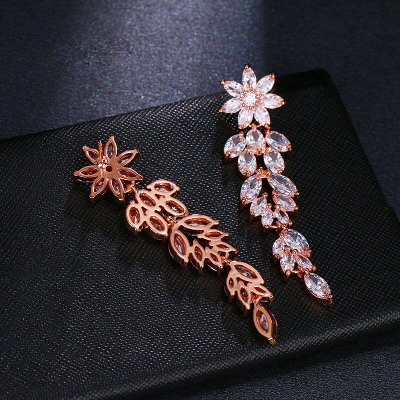 Crystal Flower Long Dangle Earrings, Wedding CZ Diamond Floral Ear Studs, Bridal Floral Crystal Earrings, Bridesmaid 14K Gold Copper Earrings - KaleaBoutique.com