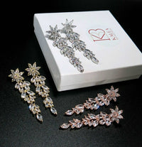 Crystal Flower Long Dangle Earrings, Wedding CZ Diamond Floral Ear Studs, Bridal Floral Crystal Earrings, Bridesmaid 14K Gold Copper Earrings - KaleaBoutique.com