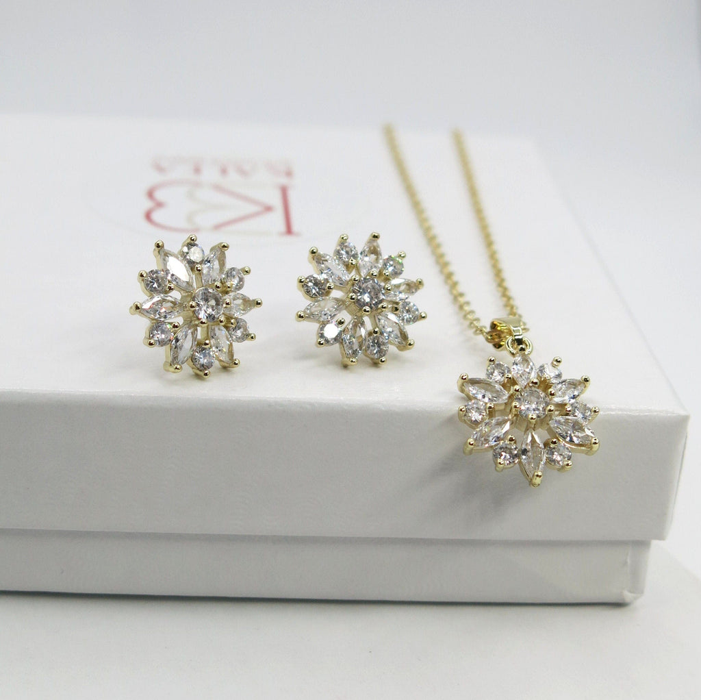 Crystal Flower Necklace and Earrings 3 PC Jewelry Set, Minimalist Floral Gold Chain Necklace and Ear Studs, Bridesmaid Crystal Jewelry - KaleaBoutique.com