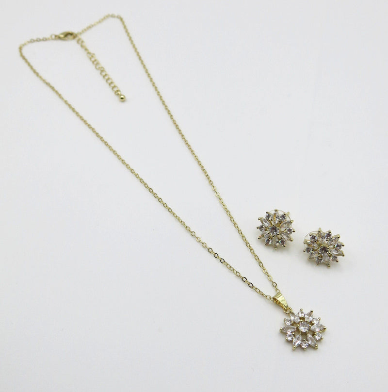 Crystal Flower Necklace and Earrings 3 PC Jewelry Set, Minimalist Floral Gold Chain Necklace and Ear Studs, Bridesmaid Crystal Jewelry - KaleaBoutique.com