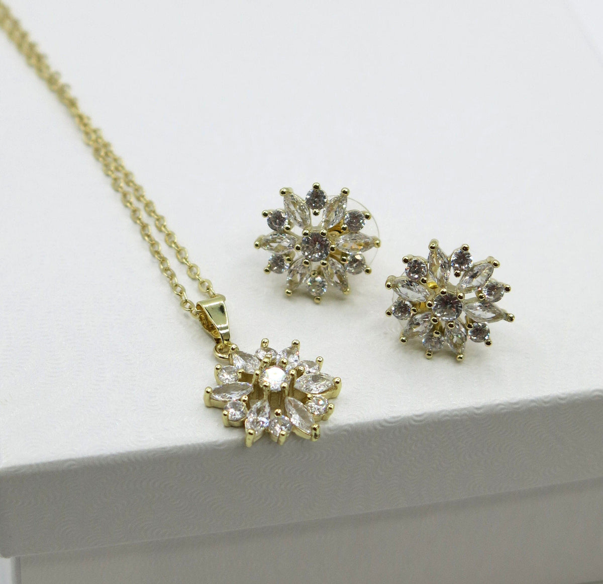 Crystal Flower Necklace and Earrings 3 PC Jewelry Set, Minimalist Floral Gold Chain Necklace and Ear Studs, Bridesmaid Crystal Jewelry - KaleaBoutique.com