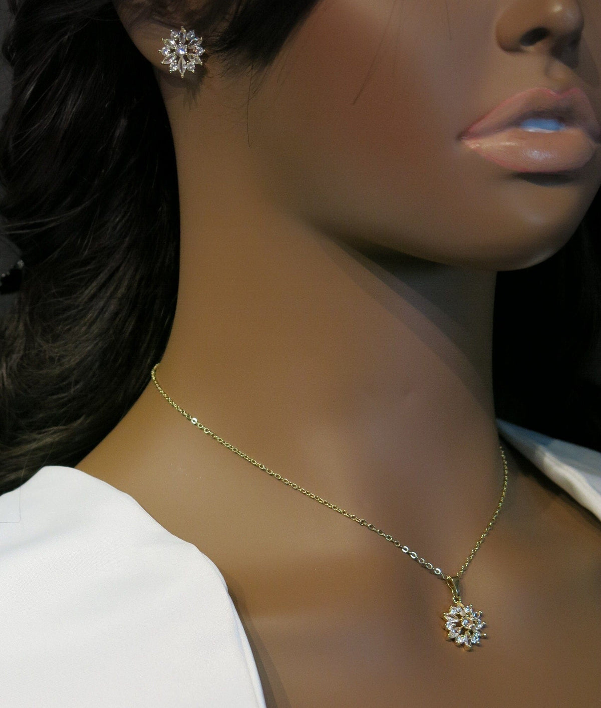 Crystal Flower Necklace and Earrings 3 PC Jewelry Set, Minimalist Floral Gold Chain Necklace and Ear Studs, Bridesmaid Crystal Jewelry - KaleaBoutique.com
