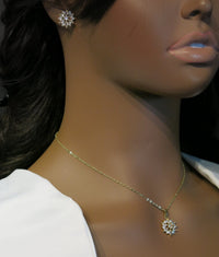 Crystal Flower Necklace and Earrings 3 PC Jewelry Set, Minimalist Floral Gold Chain Necklace and Ear Studs, Bridesmaid Crystal Jewelry - KaleaBoutique.com
