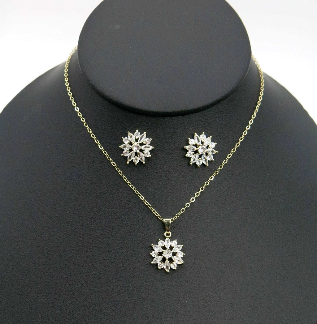 Crystal Flower Necklace and Earrings 3 PC Jewelry Set, Minimalist Floral Gold Chain Necklace and Ear Studs, Bridesmaid Crystal Jewelry - KaleaBoutique.com