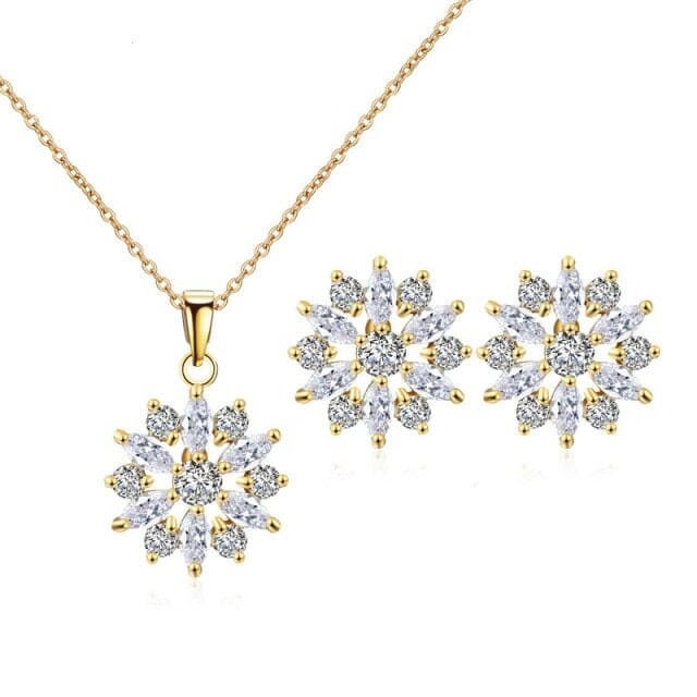 Crystal Flower Necklace and Earrings 3 PC Jewelry Set, Minimalist Floral Gold Chain Necklace and Ear Studs, Bridesmaid Crystal Jewelry - KaleaBoutique.com