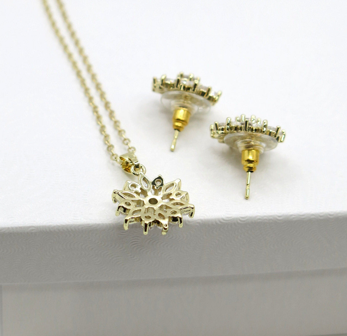 Crystal Flower Necklace and Earrings 3 PC Jewelry Set, Minimalist Floral Gold Chain Necklace and Ear Studs, Bridesmaid Crystal Jewelry - KaleaBoutique.com