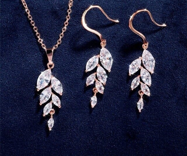 Crystal Leaf Bridal Necklace and Earrings 3 PC Set, CZ Crystal Wedding Bridesmaid Jewelry Set - KaleaBoutique.com