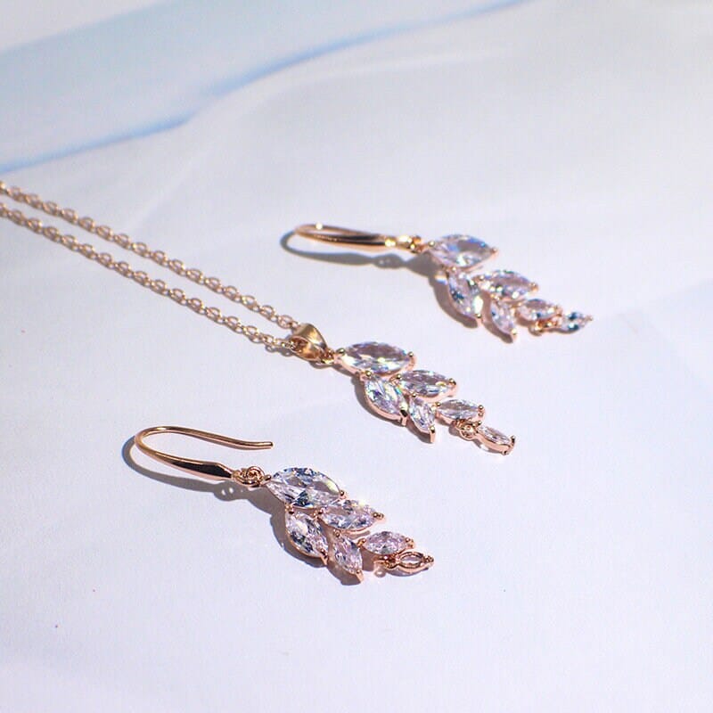 Crystal Leaf Bridal Necklace and Earrings 3 PC Set, CZ Crystal Wedding Bridesmaid Jewelry Set - KaleaBoutique.com