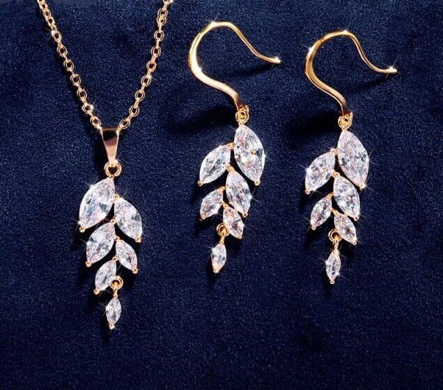 Crystal Leaf Bridal Necklace and Earrings 3 PC Set, CZ Crystal Wedding Bridesmaid Jewelry Set - KaleaBoutique.com