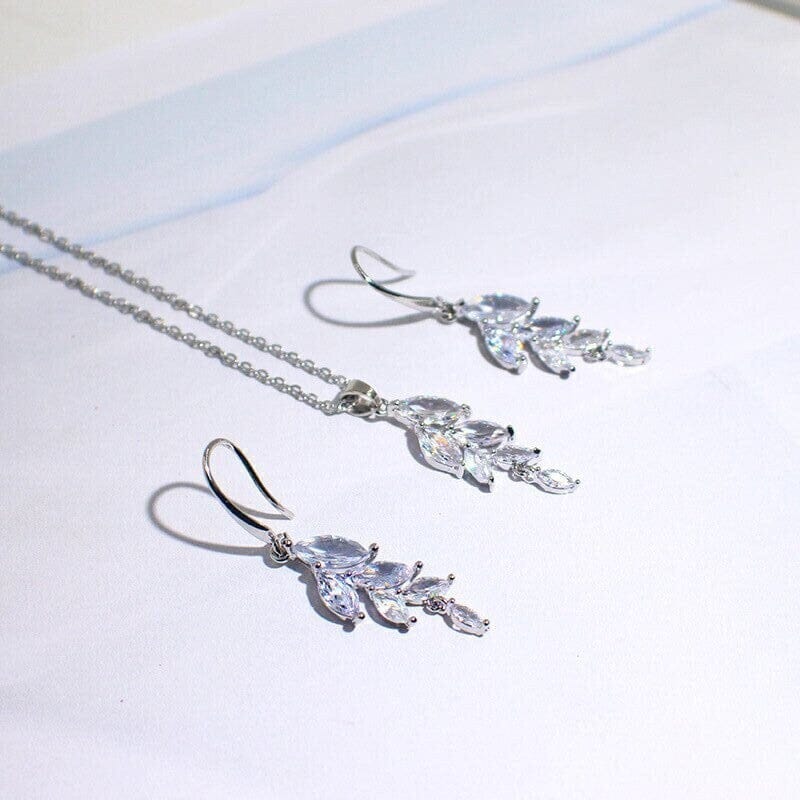 Crystal Leaf Bridal Necklace and Earrings 3 PC Set, CZ Crystal Wedding Bridesmaid Jewelry Set - KaleaBoutique.com