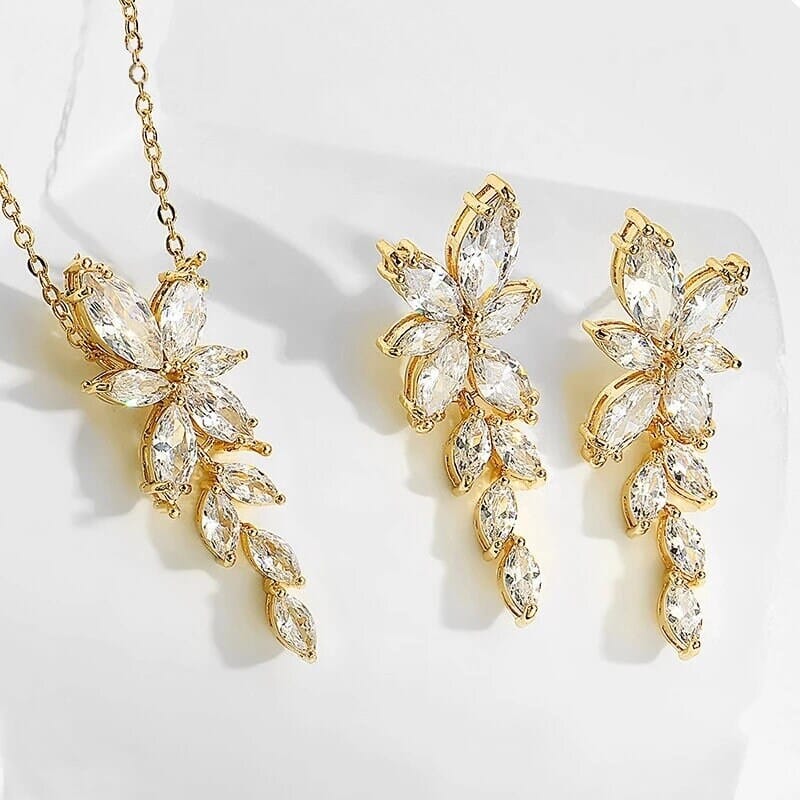 Crystal Leaf Pendant Necklace and Earrings 3 PC Jewelry Set, Bridesmaid CZ Diamond Jewelry, Wedding Crystal Jewelry Set - KaleaBoutique.com