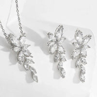 Crystal Leaf Pendant Necklace and Earrings 3 PC Jewelry Set, Bridesmaid CZ Diamond Jewelry, Wedding Crystal Jewelry Set - KaleaBoutique.com