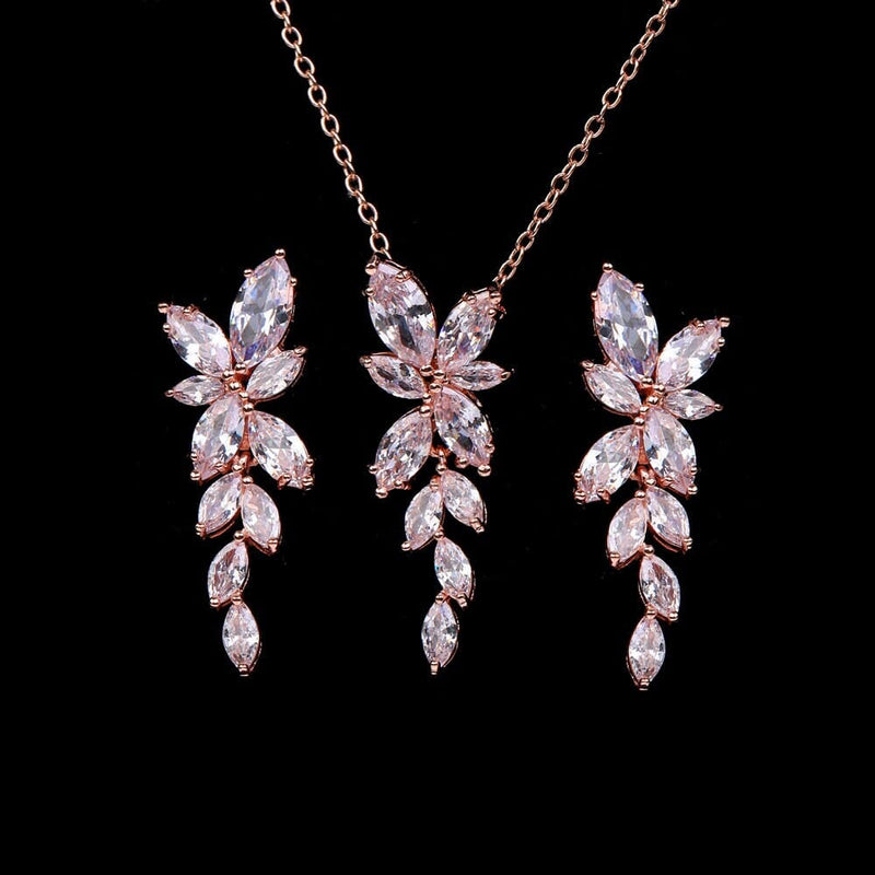 Crystal Leaf Pendant Necklace and Earrings 3 PC Jewelry Set, Bridesmaid CZ Diamond Jewelry, Wedding Crystal Jewelry Set - KaleaBoutique.com