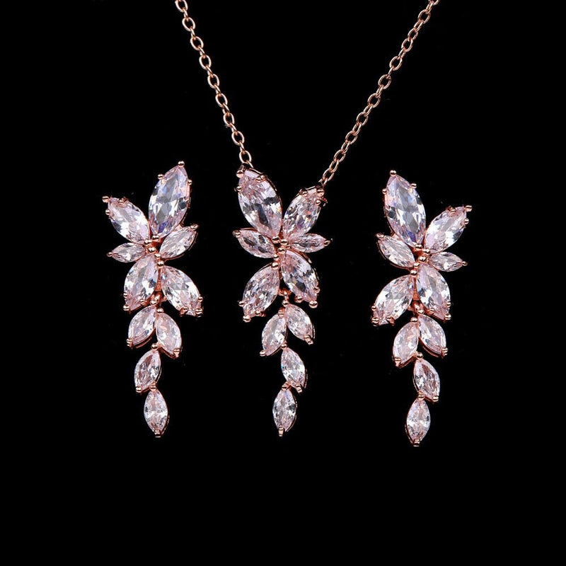 Crystal Gem Leaf Crystal Necklace and Earrings 3 PC Bridal Jewelry Set, Bridesmaid Diamond CZ Jewelry, Wedding Necklace and Stud Earrings - KaleaBoutique.com