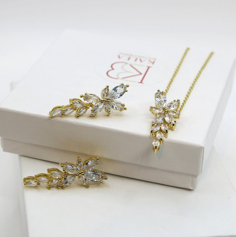 Crystal Gem Leaf Crystal Necklace and Earrings 3 PC Bridal Jewelry Set, Bridesmaid Diamond CZ Jewelry, Wedding Necklace and Stud Earrings - KaleaBoutique.com