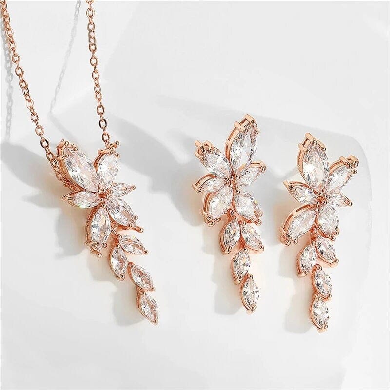 Crystal Leaf Pendant Necklace and Earrings 3 PC Jewelry Set, Bridesmaid CZ Diamond Jewelry, Wedding Crystal Jewelry Set - KaleaBoutique.com