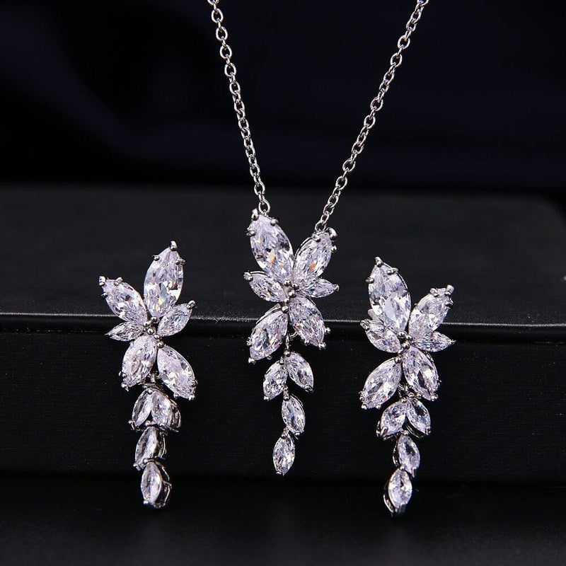 Crystal Leaf Pendant Necklace and Earrings 3 PC Jewelry Set, Bridesmaid CZ Diamond Jewelry, Wedding Crystal Jewelry Set - KaleaBoutique.com