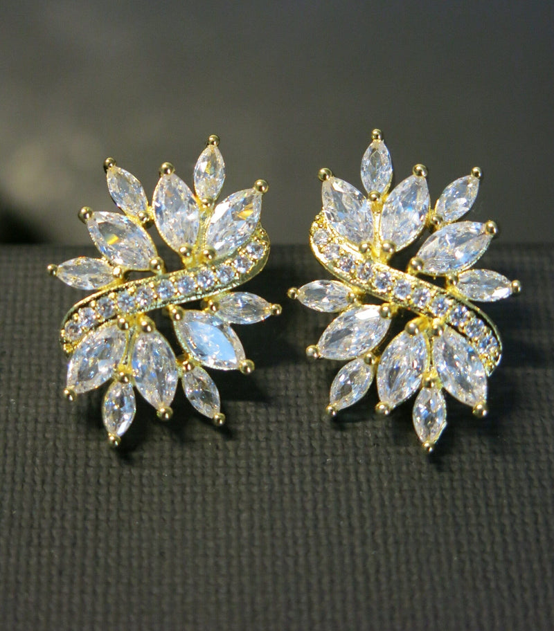 Crystal Cluster Large Floral Earrings, Bridal Crystal Leaf Ear Studs, Oversize CZ Diamond 14K Gold Plated Earrrings - KaleaBoutique.com