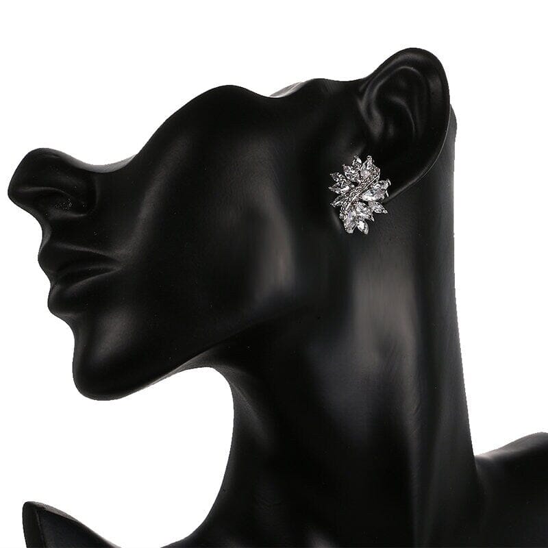 Crystal Cluster Large Floral Earrings, Bridal Crystal Leaf Ear Studs, Oversize CZ Diamond 14K Gold Plated Earrrings - KaleaBoutique.com